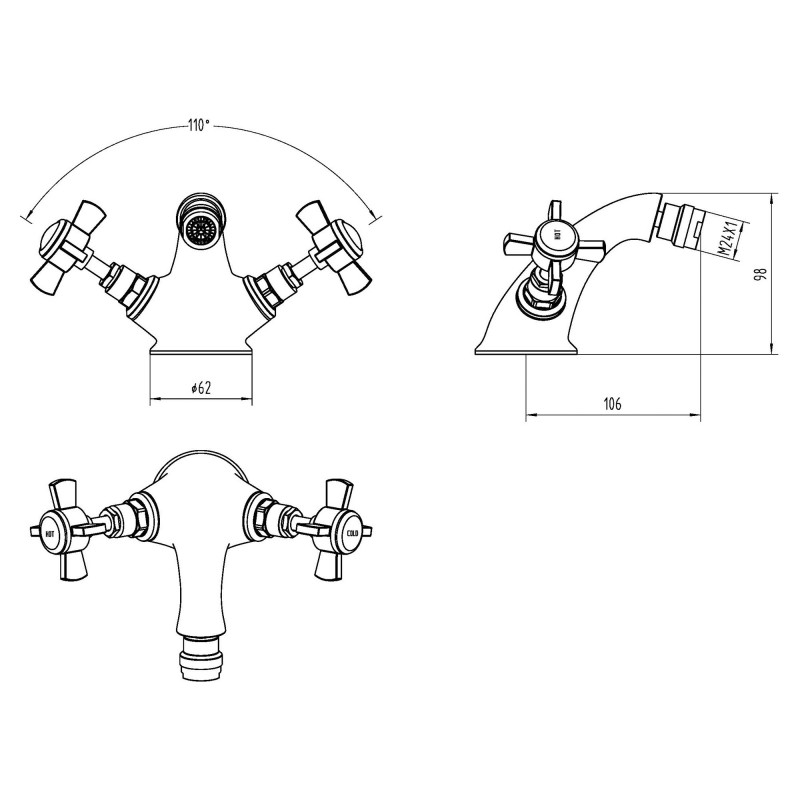 Beaumont Luxury Mono Bidet Mixer Tap with Cross Head Dual Handle & Waste - Technical Drawing