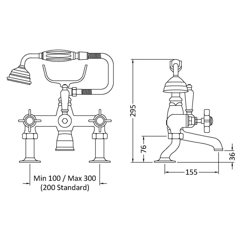 Beaumont Luxury Cranked Bath Shower Mixer Tap Pillar Mounted - Technical Drawing