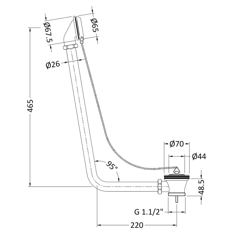 Exposed "Retainer" Bath Waste with Overflow Brass Plug & Ball Chain - Technical Drawing