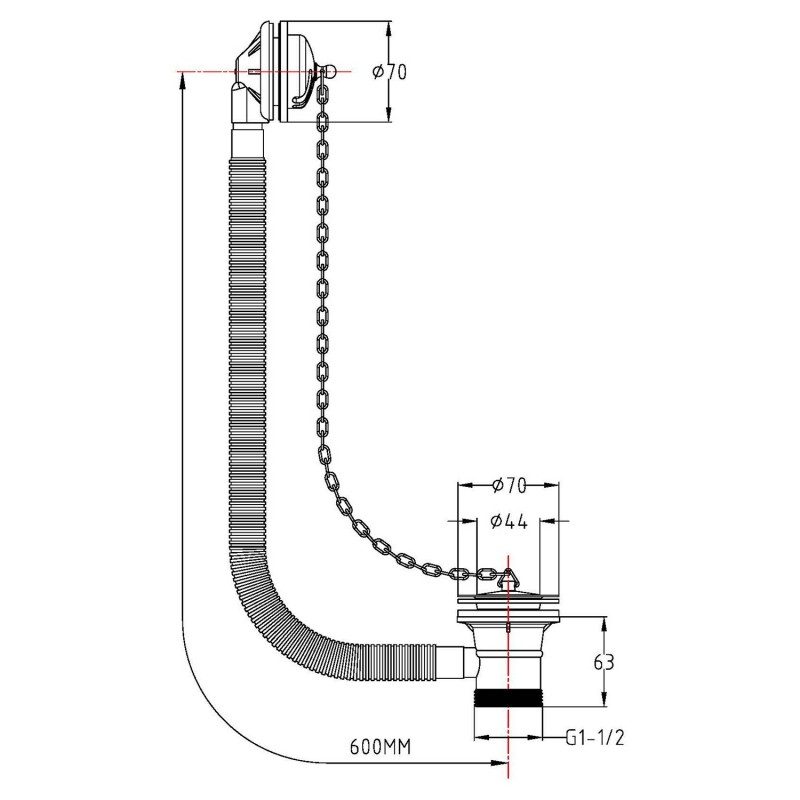 Classic "Concealed" Bath Waste & Overflow (Suitable for baths up to 20mm thick) - Technical Drawing