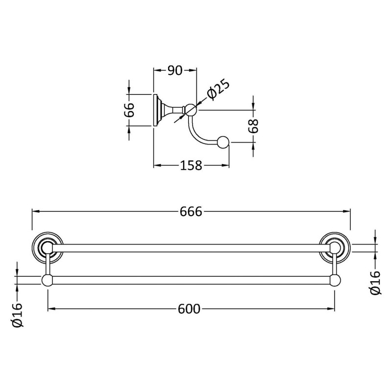 Chrome Traditional Double Towel Rail - 666mm (w) x 105mm (h) x 158mm (d) - Technical Drawing