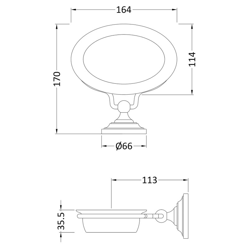 Chrome Traditional Soap Dish 160mm (w) x 56mm (h) x 159mm (d) - Technical Drawing