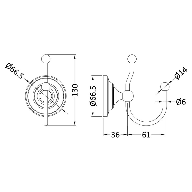 Chrome Traditional Double Robe Hook - Technical Drawing