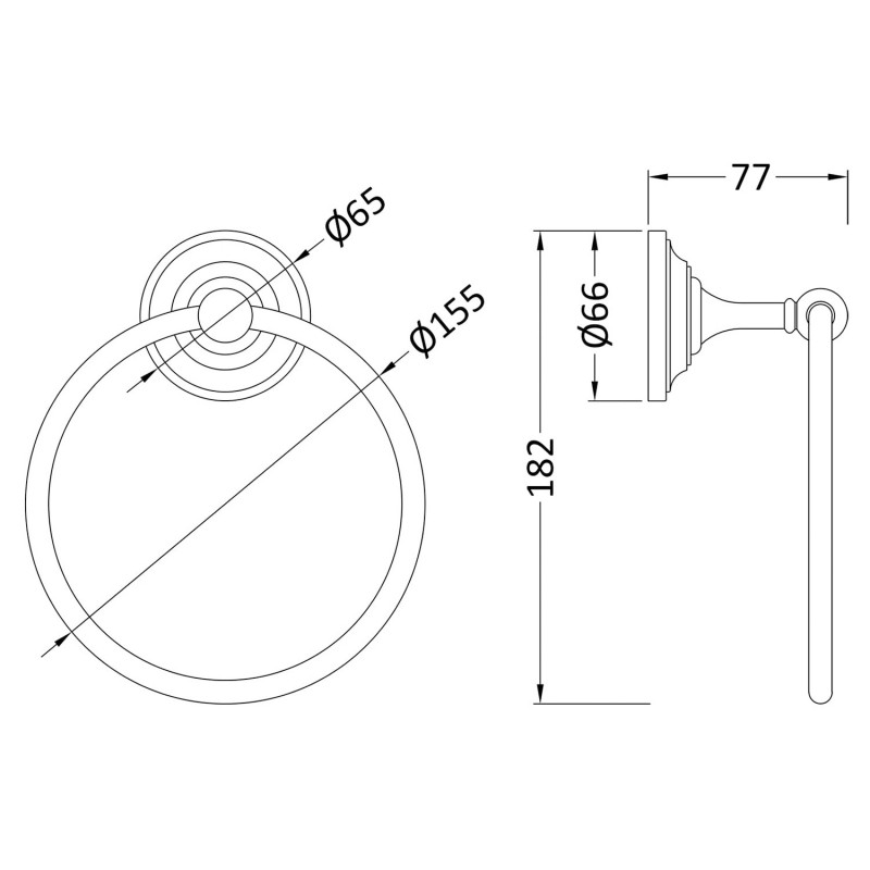 Chrome Traditional Towel Ring - 155mm (w) x 155mm (h) x 77mm (d) - Technical Drawing