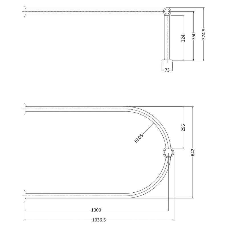 1037mm (W) x 642mm (D) x 375mm (H) Chrome U Shaped Shower Curtain Rail - Technical Drawing