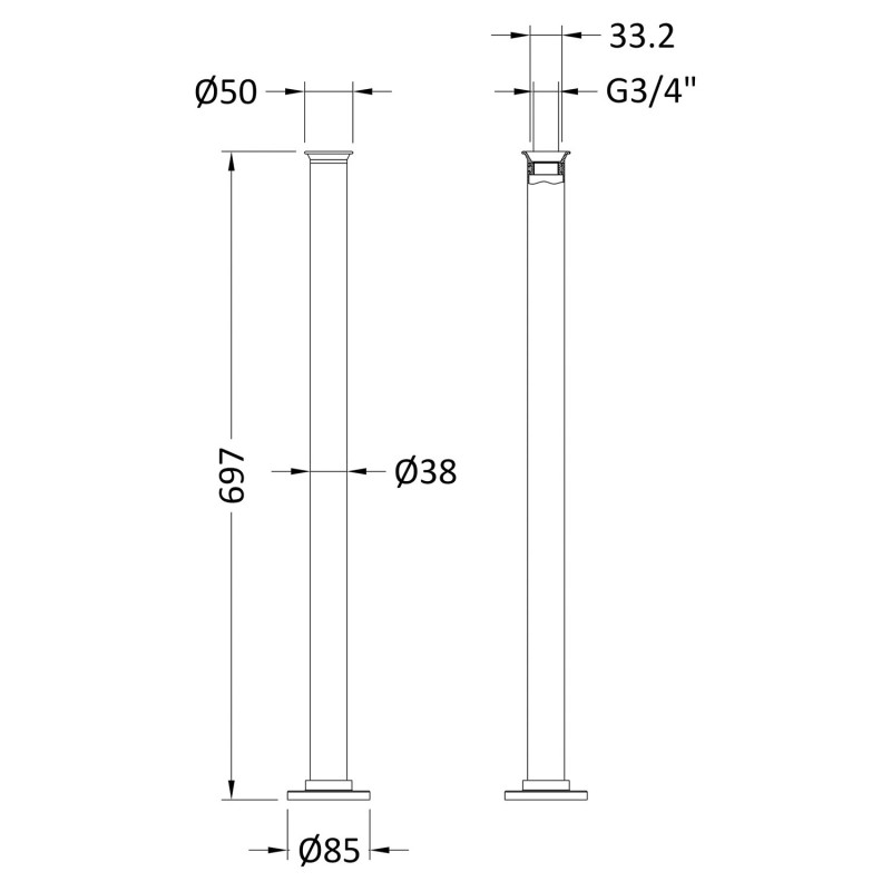 Chrome Freestanding Legs For Bath Taps - Technical Drawing