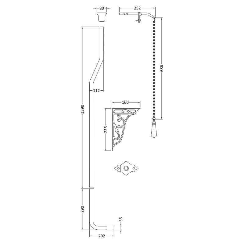 Traditional Chrome High Level Toilet Flush Pipe Pack - Technical Drawing