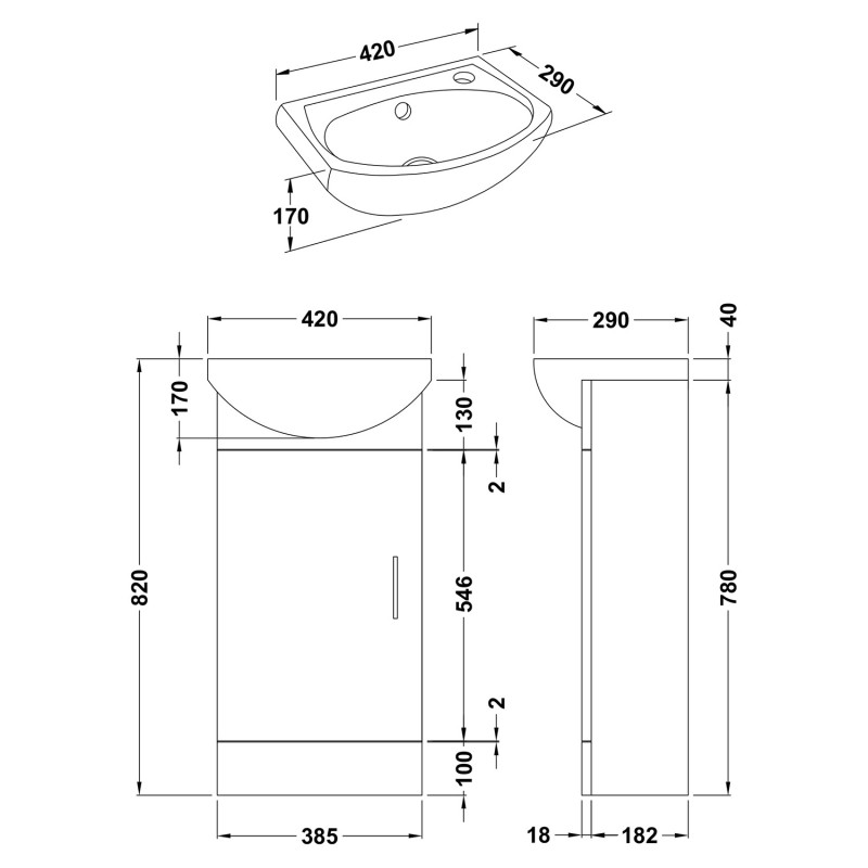 Mayford Gloss White 400mm (w) x 780mm (h) x 200mm (d) Unit & Basin - Technical Drawing