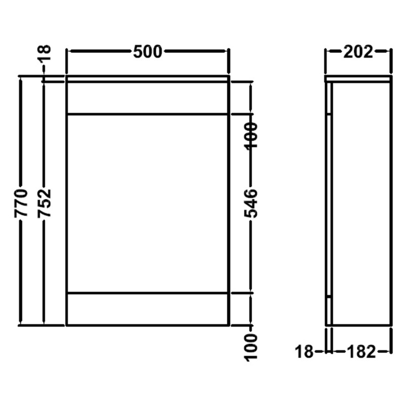 Mayford Gloss White 500mm (w) x 770mm (h) x 202mm (d) Toilet Unit With Concealed Cistern - Technical Drawing