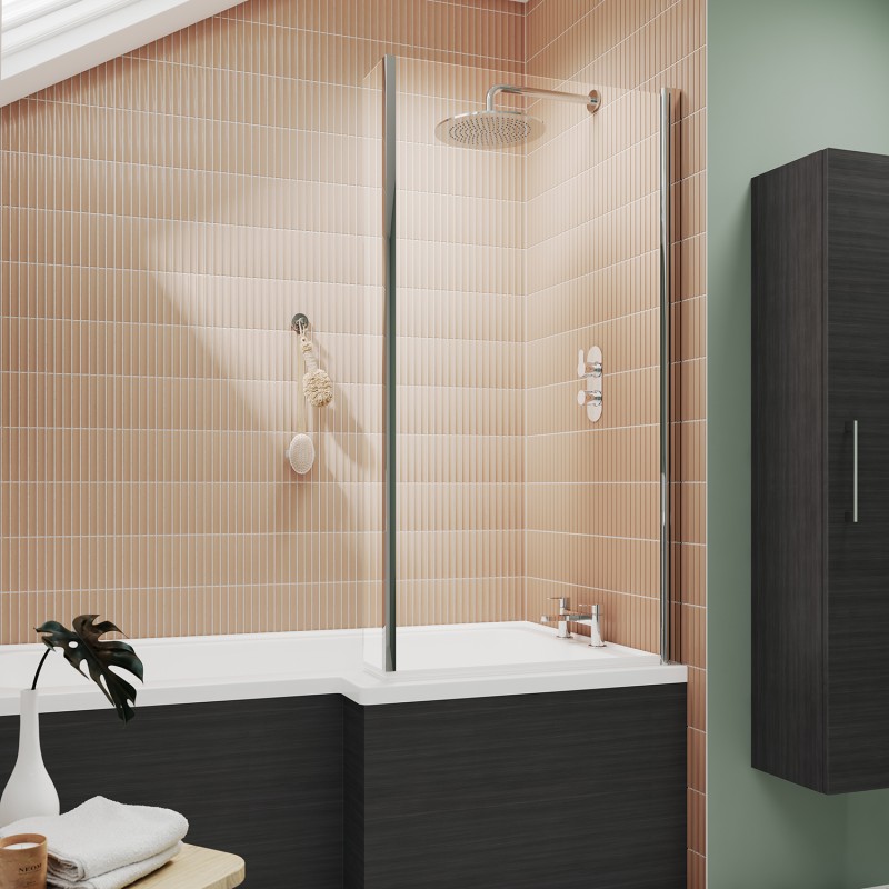 Polished Chrome "Quattro" L-Shape Hinged Bath Screen Fixed Return 805mm(w) x 1435mm(h) - 6mm Glass - Insitu