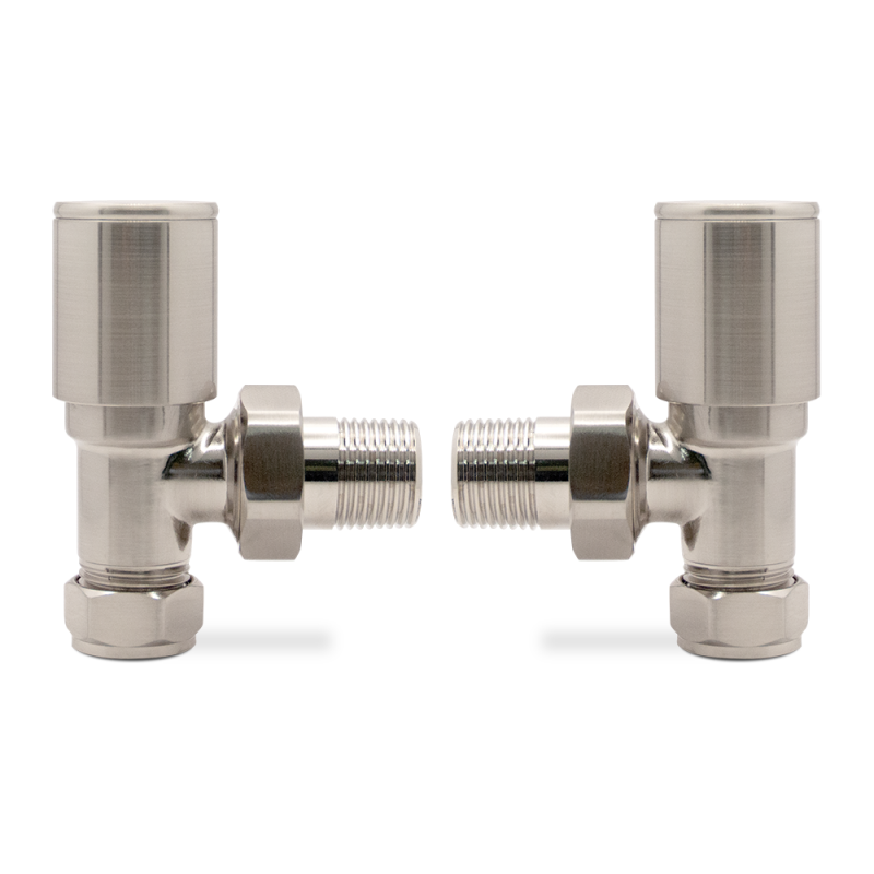 Angled Brushed Nickel Valves for Radiators & Towel Rails (Pair)