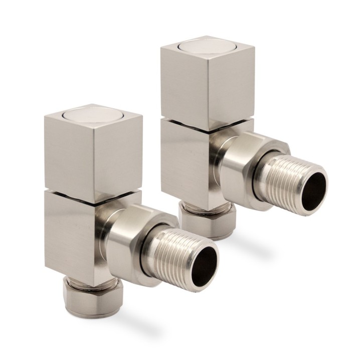 Angled Brushed Nickel "Square" Valves for Radiators & Towel Rails (Pair)