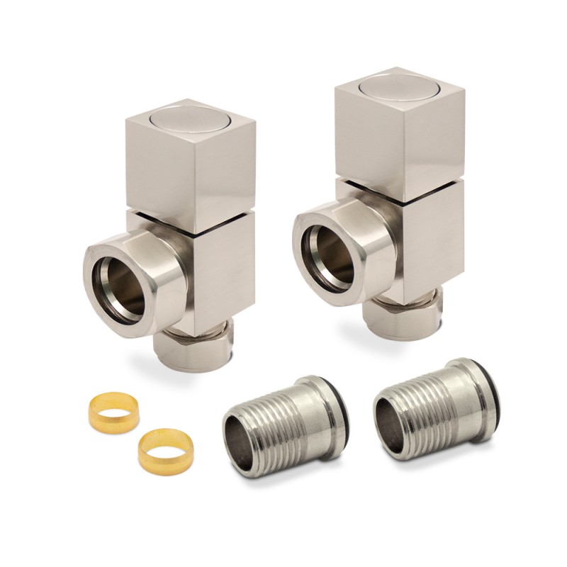 Angled Brushed Nickel "Square" Valves for Radiators & Towel Rails (Pair)