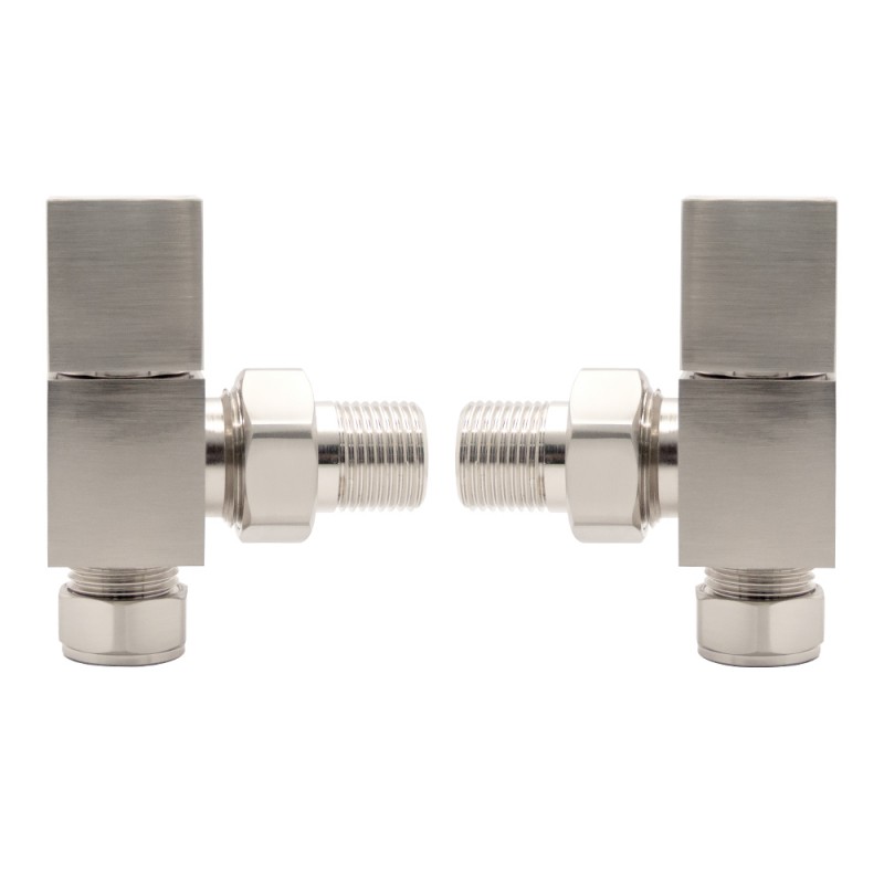 Angled Brushed Nickel "Square" Valves for Radiators & Towel Rails (Pair)