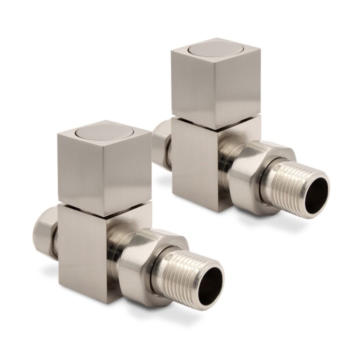 Straight Brushed Nickel "Square" Valves for Radiators & Towel Rails (Pair)