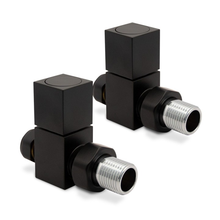 Straight Black "Square" Valves for Radiators & Towel Rails (Pair)
