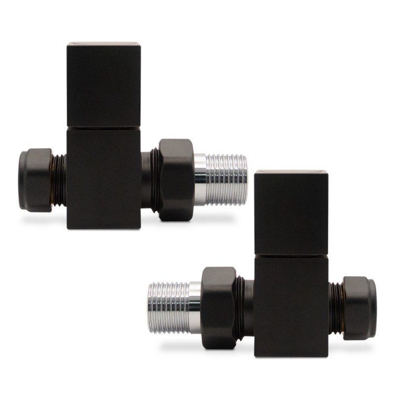 Straight Black "Square" Valves for Radiators & Towel Rails (Pair)