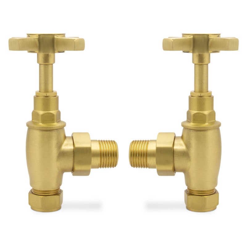 Angled Brushed Brass "Cross Head" Traditional Valves for Radiators & Towel Rails (Pair)