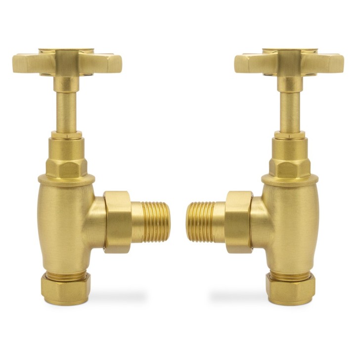Angled Brushed Brass "Cross Head" Traditional Valves for Radiators & Towel Rails (Pair)