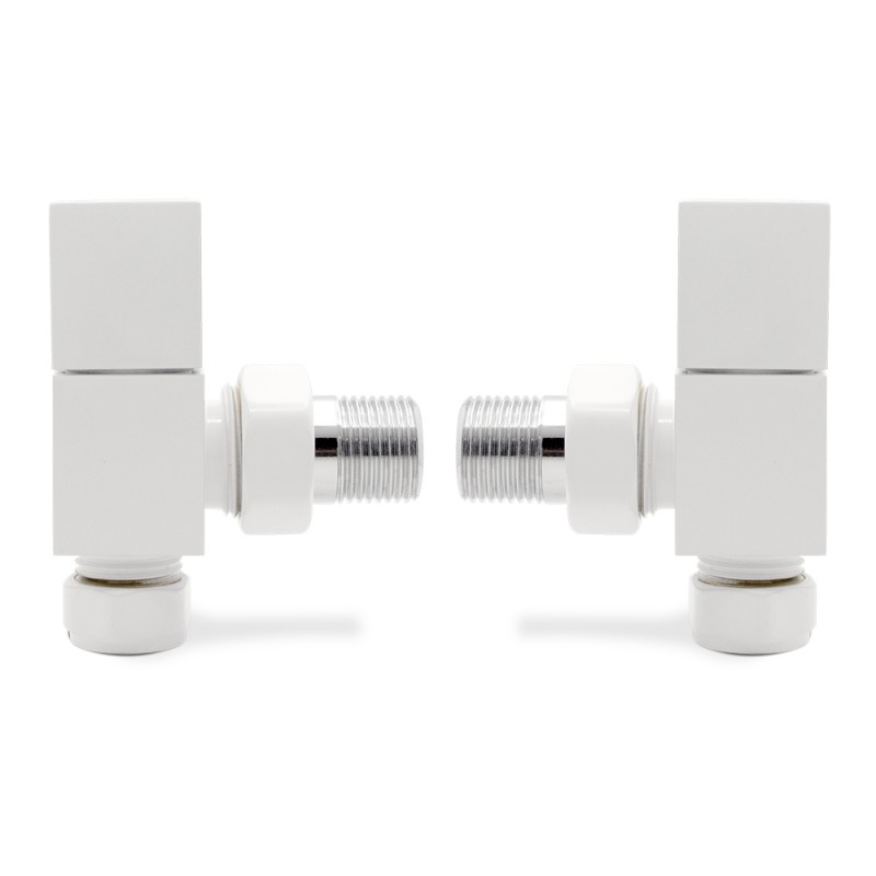 Angled White "Square" Valves for Radiators & Towel Rails (Pair)