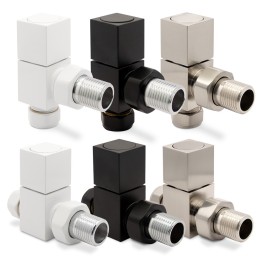 White, Black & Brushed Nickel Square "Cubic" Valves for Radiators & Towel Rails (Pair of Angled or Straight)