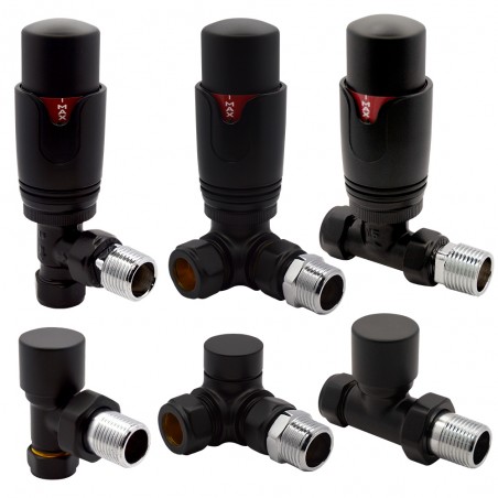 Black Thermostatic Valves for Radiators & Towel Rails (Pair of Angled, Straight or Corner)