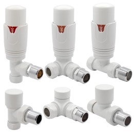 White Thermostatic Valves for Radiators & Towel Rails (Pair of Angled, Straight or Corner)