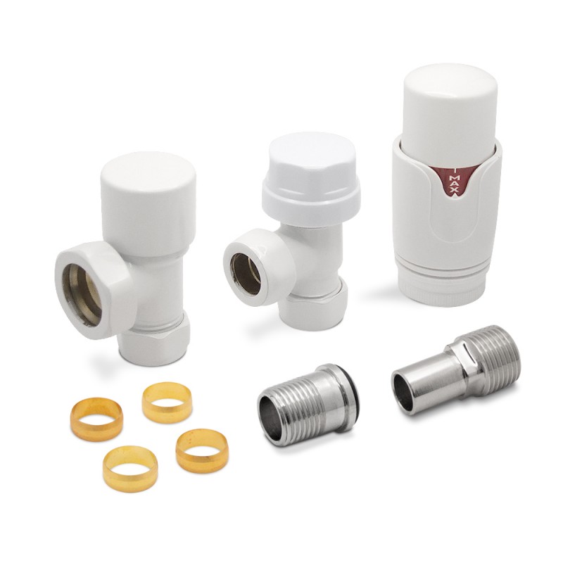 White Thermostatic Valves for Radiators & Towel Rails (Pair of Angled, Straight or Corner)