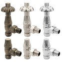 Angled "Curved Top" Traditional Thermostatic Valves for Radiators & Towel Rails (Pair of Chrome, Brushed Nickel & Antique Brass)