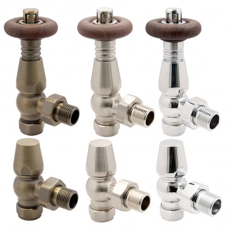 Angled "Round Top" Traditional Thermostatic Valves for Radiators & Towel Rails (Pair of Chrome, Brushed Nickel & Antique Brass)