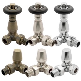 Corner "Round Black Top" Traditional Thermostatic Valves for Radiators & Towel Rails (Chrome, Brushed Nickel & Antique Brass)