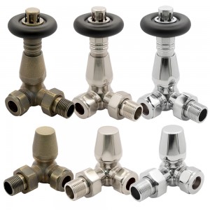 Corner "Round Black Top" Traditional Thermostatic Valves for Radiators & Towel Rails (Chrome, Brushed Nickel & Antique Brass)
