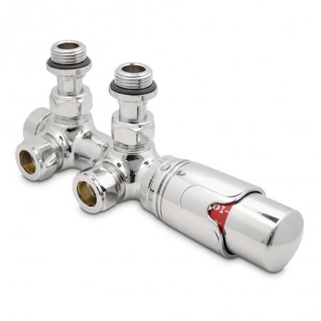 Angled Underside Euro Connection Chrome Thermostatic Valves for Radiators & Towel Rails (Pair)