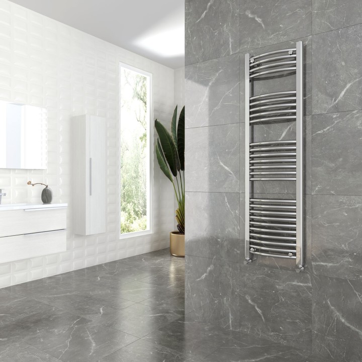 400mm (w)  x 1400mm (h) "Curved Chrome" Towel Rail - Insitu