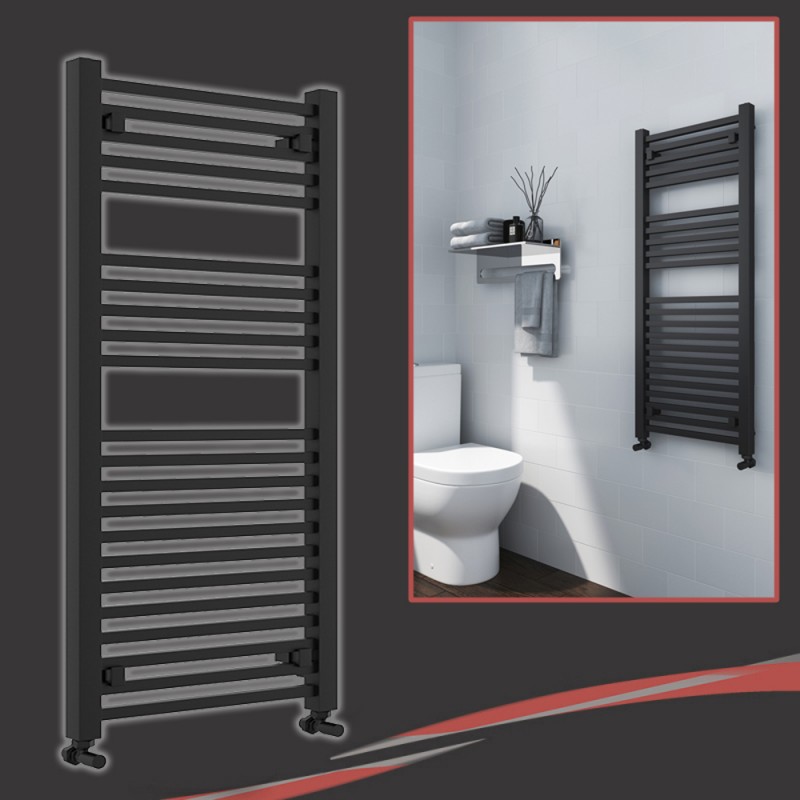 500mm (w) X 1200mm (h) Atlas Black Heated Towel Rail