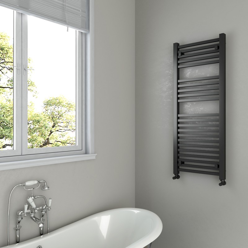 500mm (w) x 1200mm (h) "Atlas" Black Designer Towel Rail - close up