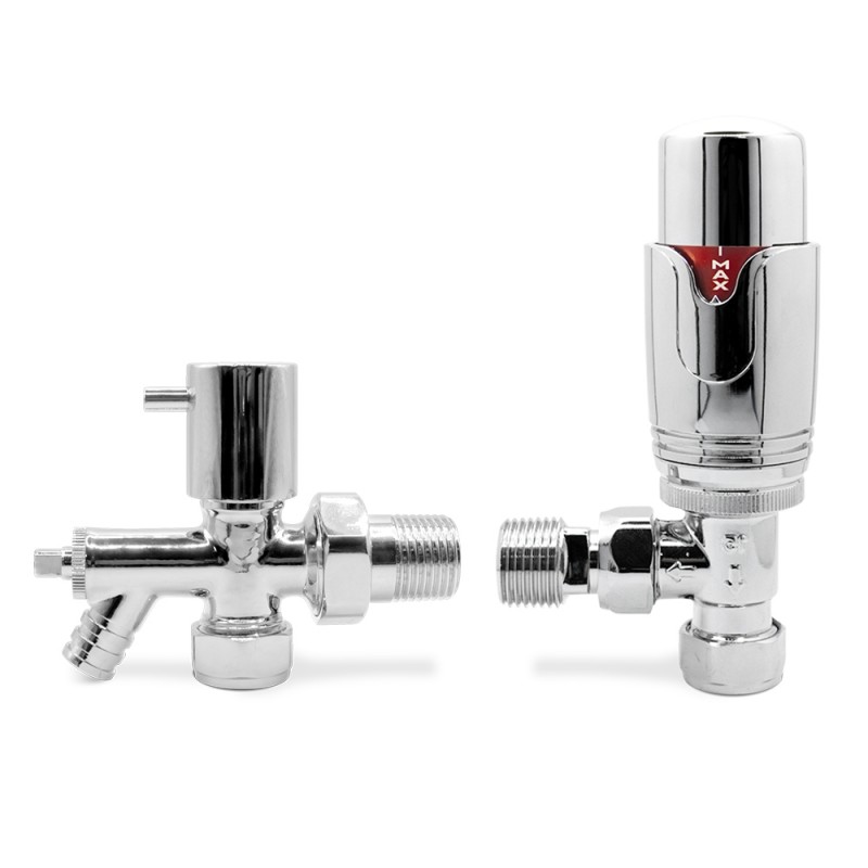 Angled Chrome TRV Valve & Drain Off for Radiators & Towel Rails (Pair)