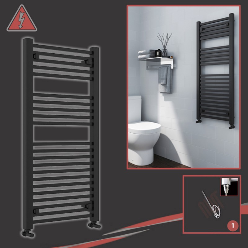 500mm (w) x 1200mm (h)Electric "Atlas" Black Heated Towel Rail (Single Heat)