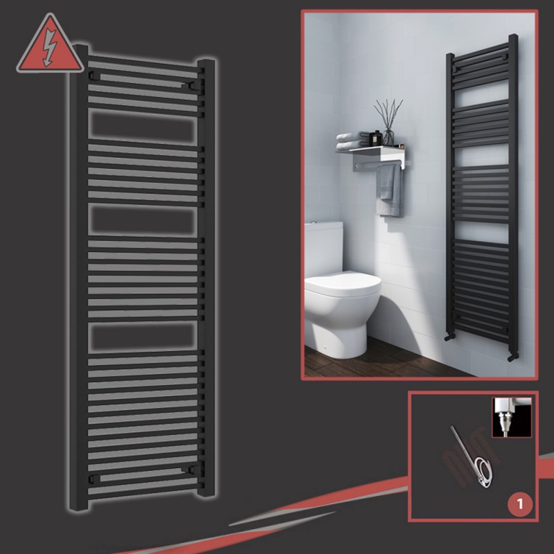 500mm (w) x 1800mm (h) Electric "Atlas" Black Heated Towel Rail (Single Heat)