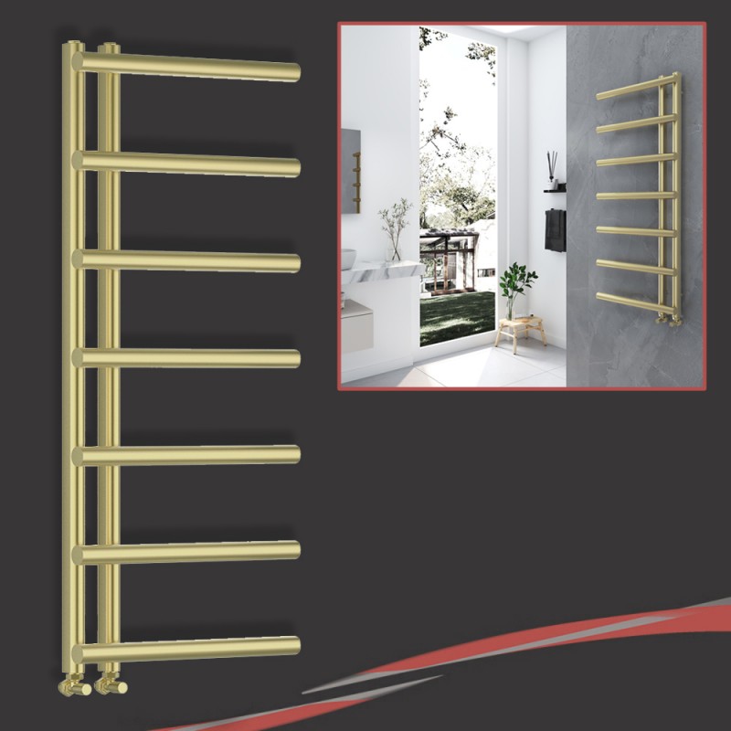 500mm (w) x 1200mm (h) "Mira" Brushed Brass Designer Towel Rail