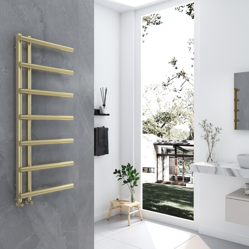 500mm (w) x 1200mm (h) "Mira" Brushed Brass Designer Towel Rail