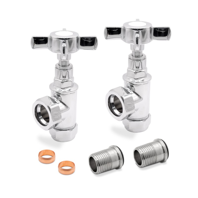 Angled Chrome Traditional "Cross Head" Valves for Radiators & Towel Rails (Pair) - Components