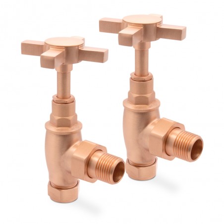 Angled Brushed Copper "Cross Head" Traditional Valves for Radiators & Towel Rails (Pair)
