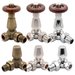 Corner "Round Top" Traditional Thermostatic Valves for Radiators & Towel Rails (Pair of Chrome, Brushed Nickel & Antique Brass)