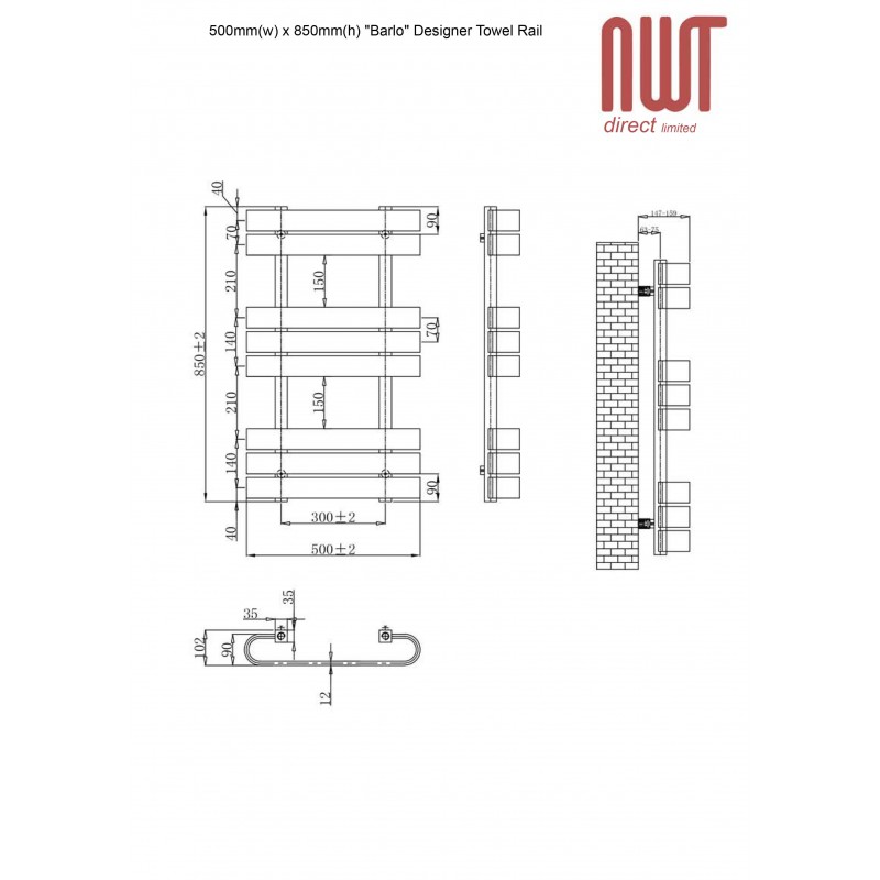 500mm(w) x 850mm(h) Electric "Barlo" White Designer Towel Rail (Single Heat or Thermostatic Option)