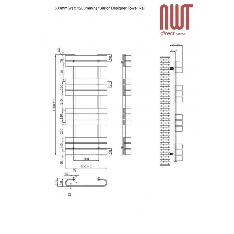 500mm(w) x 1200mm(h) Electric "Barlo" White Designer Towel Rail (Single Heat or Thermostatic Option)