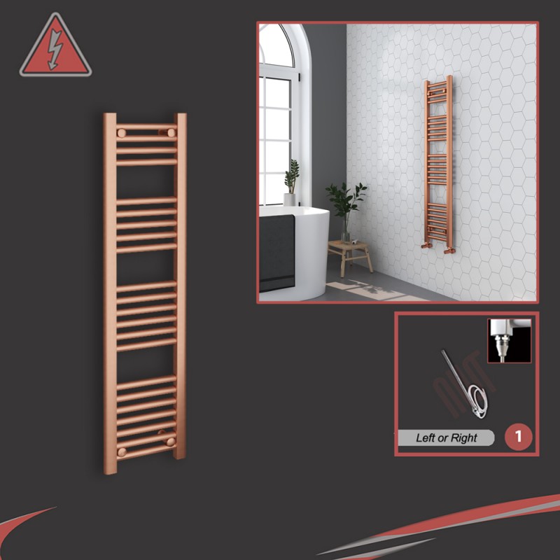 300mm (w)  x 1200mm (h) Electric "Brushed Copper" Towel Rail (Single Heat or Thermostatic Option)