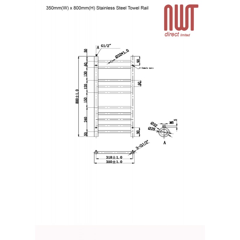 350mm (w) x 800mm (h) Electric Brushed Stainless Steel Towel Rail (Single Heat or Thermostatic Option)