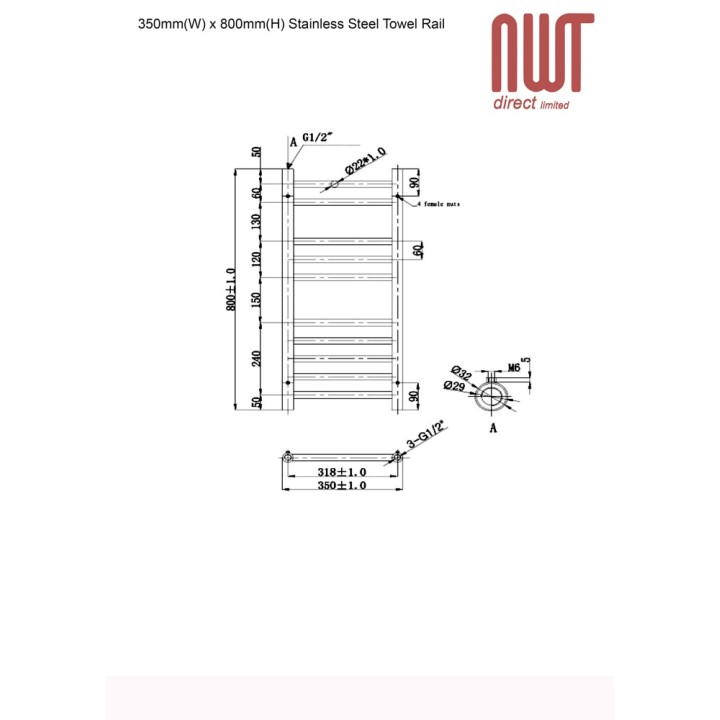 350mm (w) x 800mm (h) Electric Brushed Stainless Steel Towel Rail (Single Heat or Thermostatic Option)