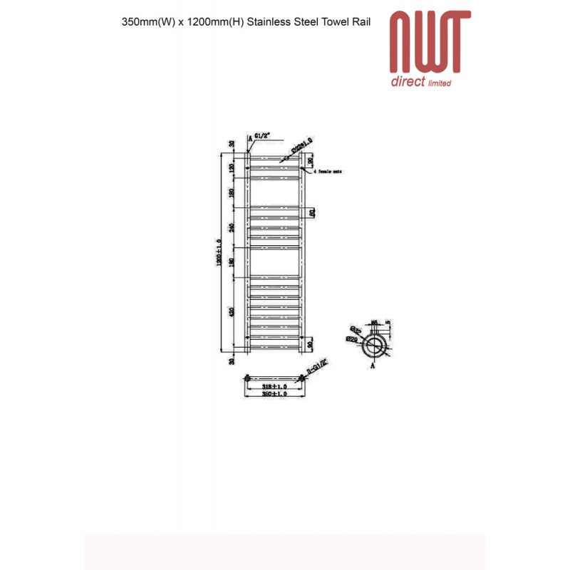 350mm (w) x 1200mm (h) Electric Brushed Stainless Steel Towel Rail (Single Heat or Thermostatic Option)
